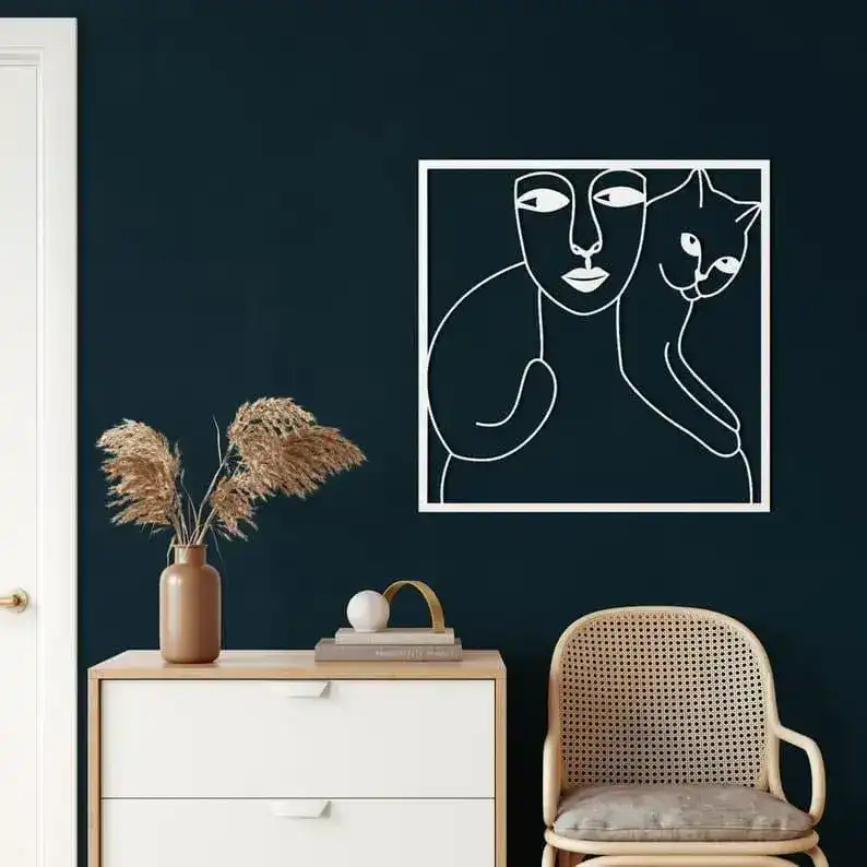 Women and Cat Minimalist Metal Wall Decor - Image 5