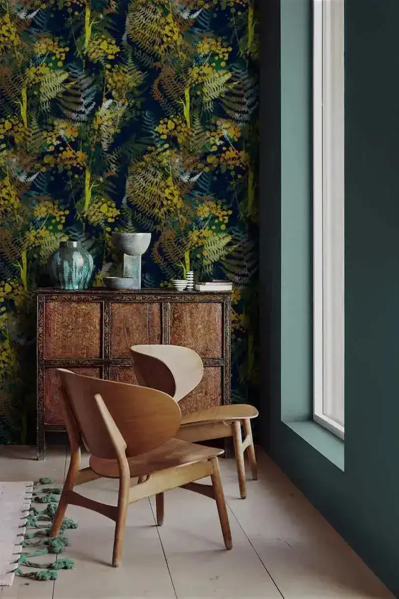 Yellow and Blue Watercolor Dark Botanical Leaves Wallpaper - Image 3