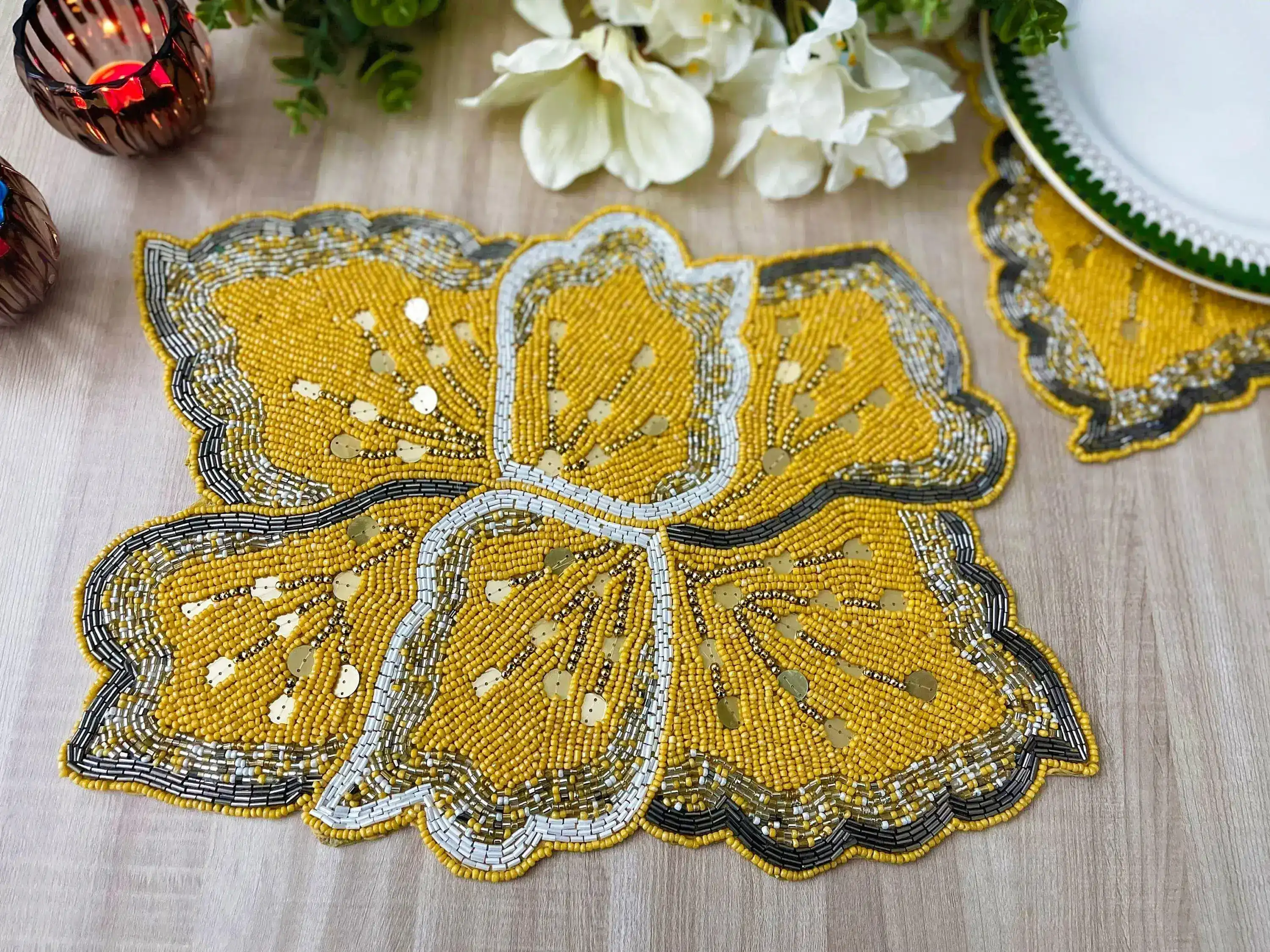 Yellow Floral Shaped Beaded Placemat - Image 6