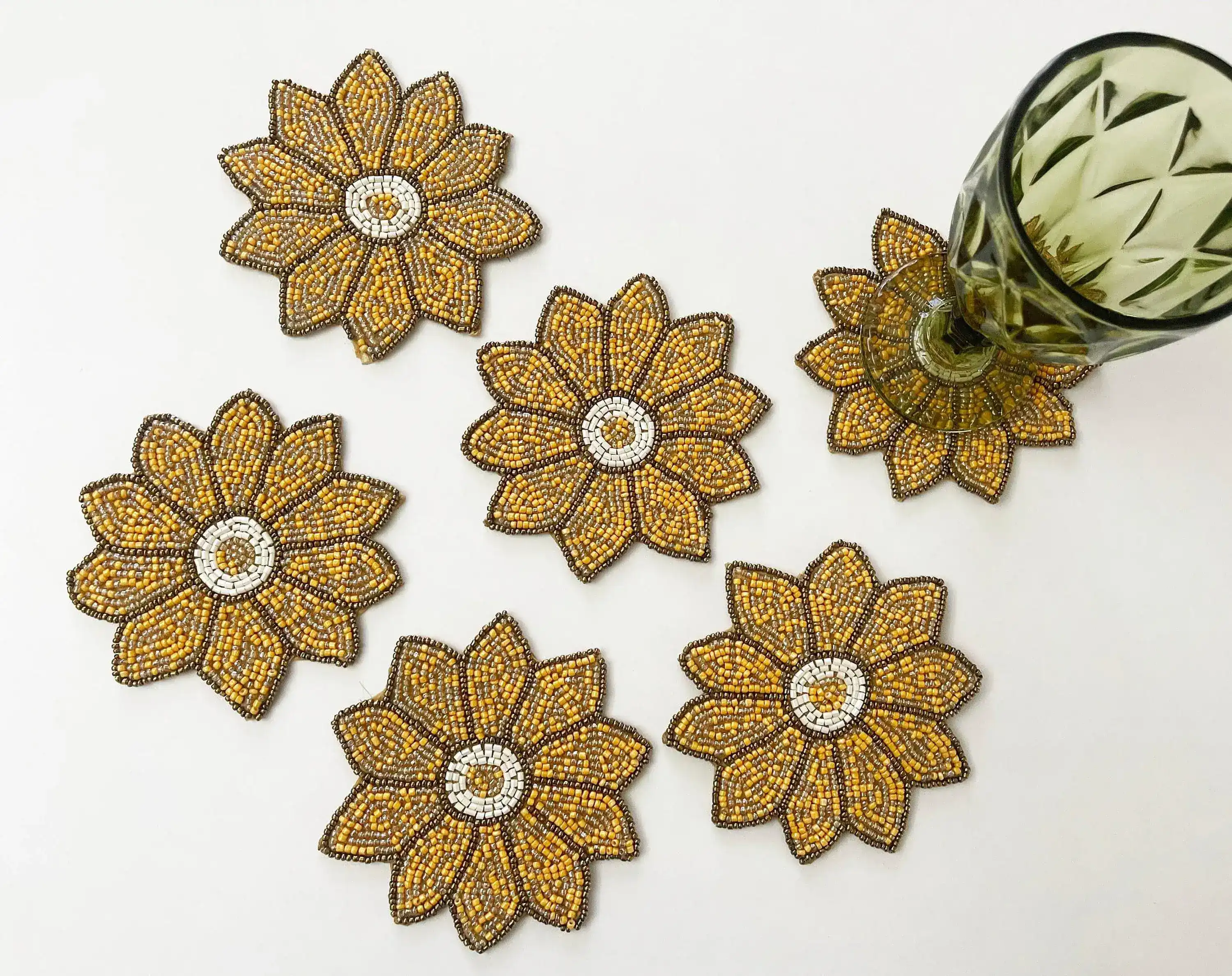 Yellow Flower Bead Coasters - Set of 6 - Image 6
