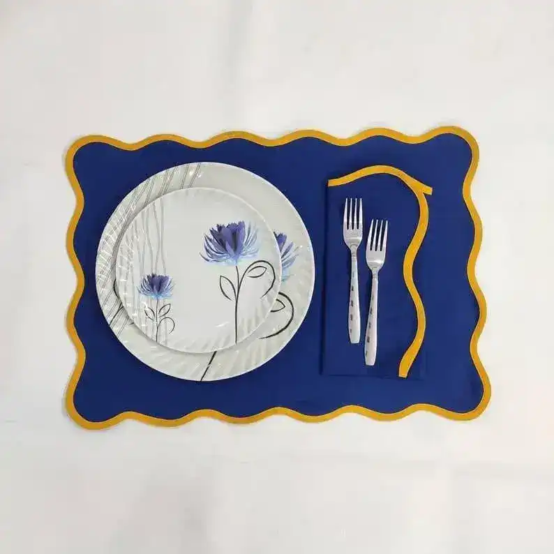 Yellow Scalloped Royal Blue Cotton Placemats - Image 3