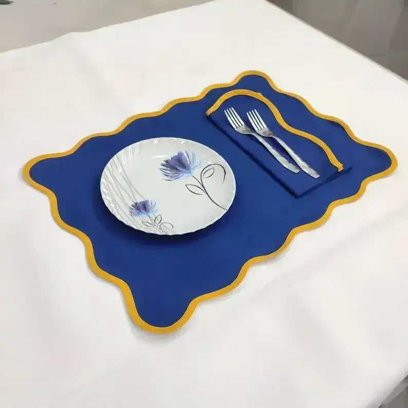 Yellow Scalloped Royal Blue Cotton Placemats - Image 4